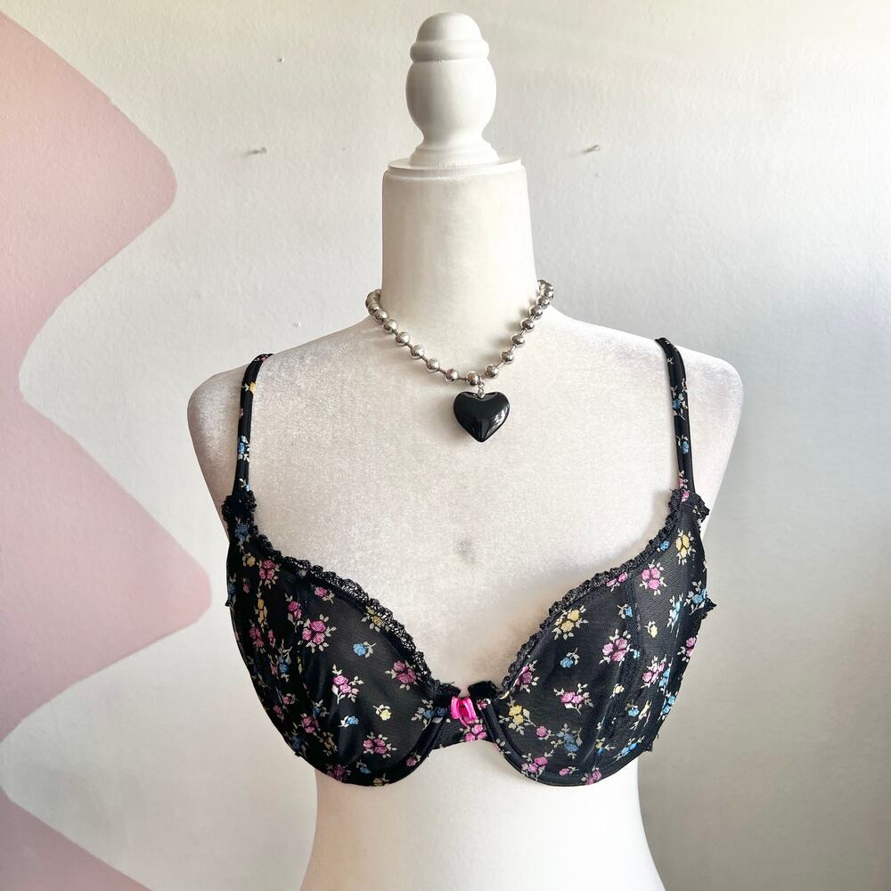 Black Lace Mesh Floral Sheer Bra Lingerie Y2K Sexy Gothic Romantic 36C